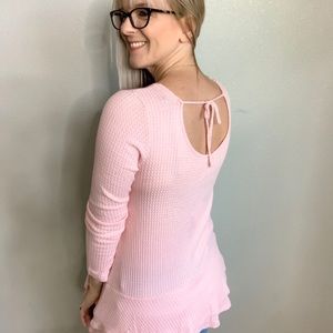 Waffle ruffle tie back blouse